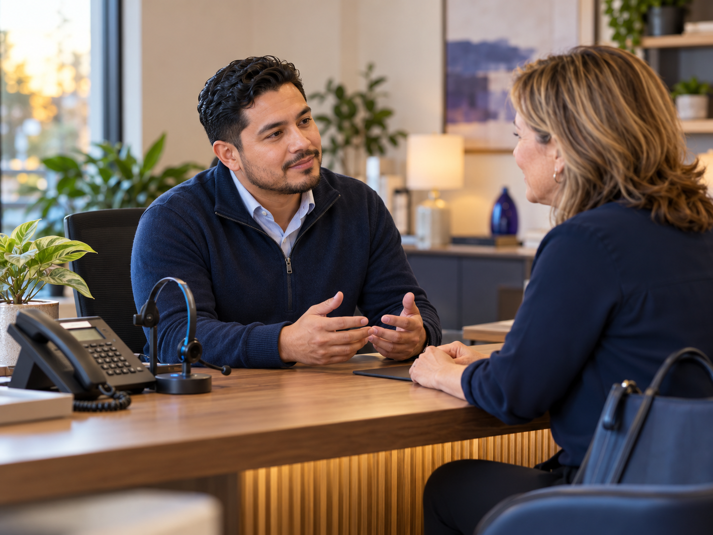 A business professional speaking with a customer at a reception desk, with phone equipment nearby.